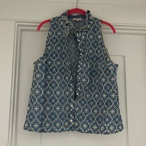 Sezane Erina Eyelet Top Size 42 Blue and Ecru